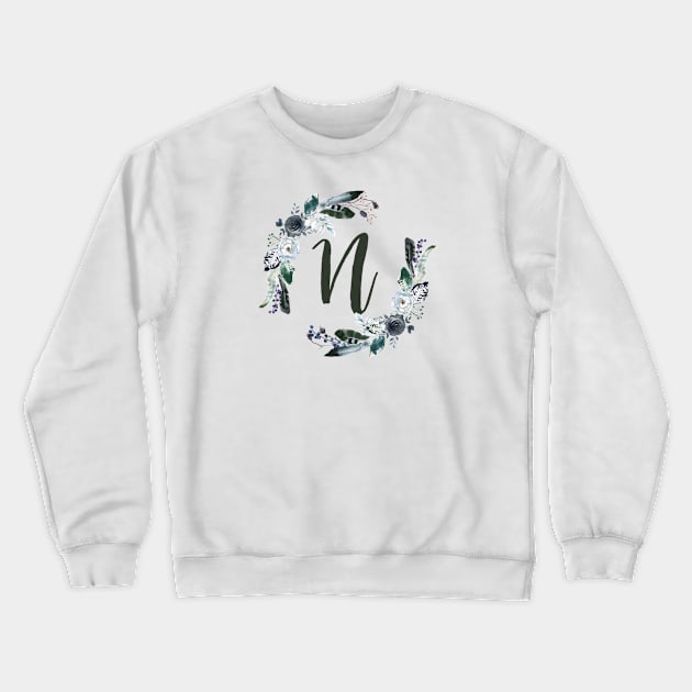 Floral Monogram N Dark Bohemian Flora Crewneck Sweatshirt by floralmonogram